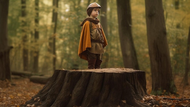 Интерпретация сказочного маленького мальчика с пальцем в средневековой одежде на фоне древнего леса. Фэнтезийная концепция, созданная AI.