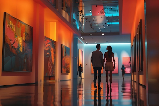 Interracial couple exploring a modern art museum o