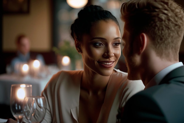 Interracial couple romantic restaurant date generated by AI