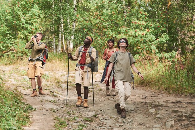 Interracial friends enjoying hike