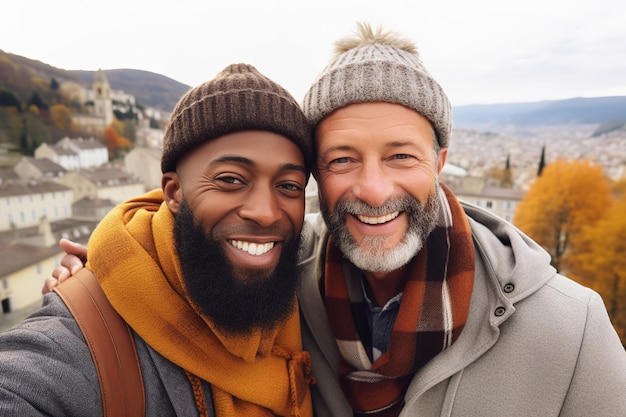 Interracial friends or LGBTQIA gay couple on fall travel vacation