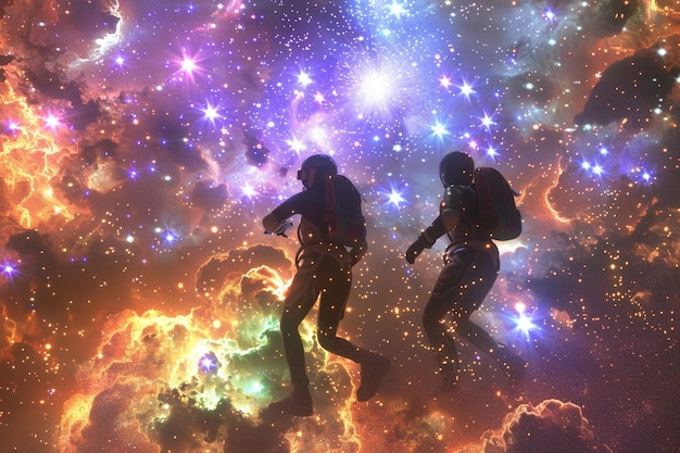 Foto interraciale ontdekkingsreizigers navigeren door een kosmische