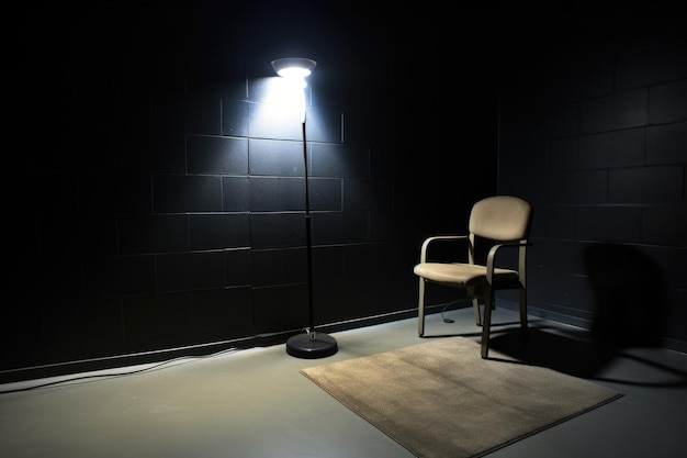 An interrogation room spotlight shining on an empty chair