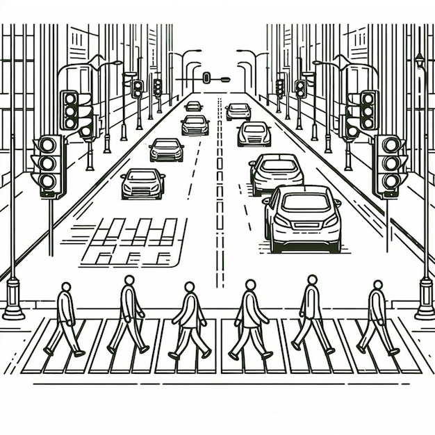 Photo intersection with signal light and crosswalk in line art featuring simple details oneline simplic