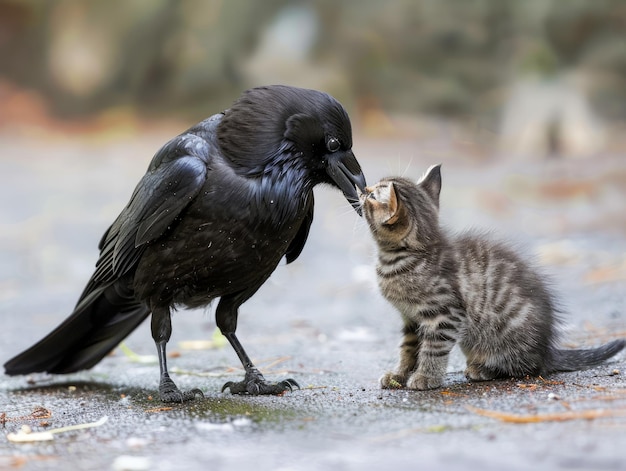 黒いカラスとストライプグレーの子猫の間の種間友情の瞬間