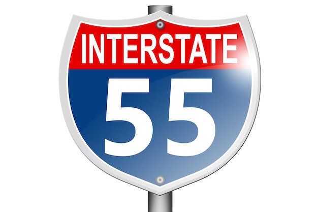 白い背景に分離された州間高速道路 55 道路標識