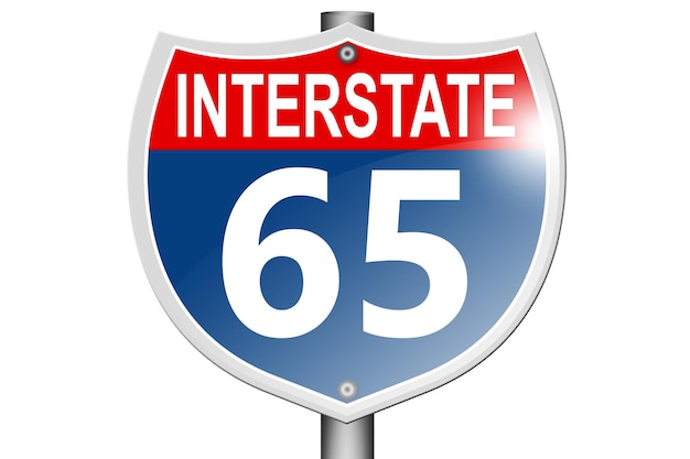 白い背景に分離された州間高速道路 65 道路標識