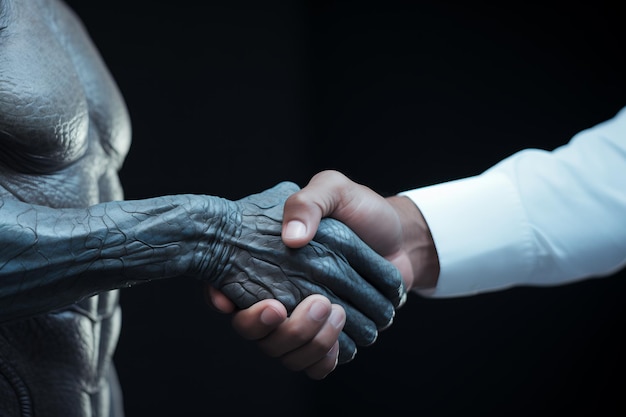 Photo interstellar connection close handshake between human and alien visitor