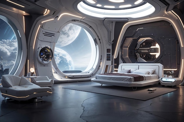 Interstellar Knowledge Hub Een futuristische slaapkamer voor nieuwsgierigen