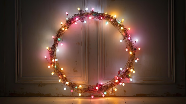 Photo intertwined christmas wreath with lights