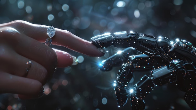 Intertwined Human and Robot Fingers in a Delicate Touch of Luxury and Mystery