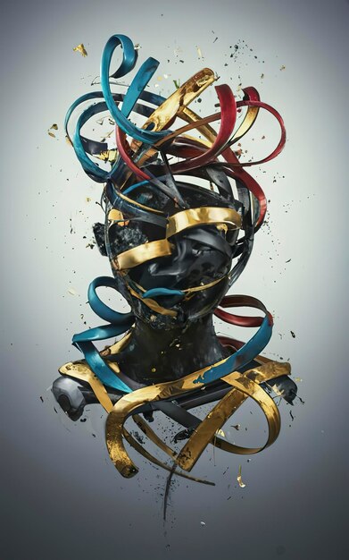 Intertwining black blue gold and red ribbons forming a person a magic cube