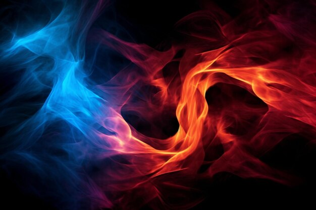 Intertwining red and blue flames mesmerize on a dark background