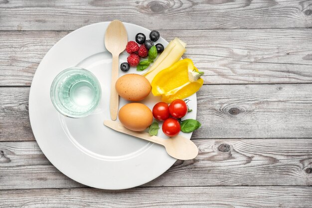 Interval fasting diet Intermittent fasting concept represented with a plate and products on gray background Healthy lifestyle Fat loss concept Top view