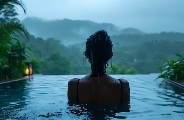 Интервью среди шторма Женщина в открытом бассейне во время дождя в Таиланде