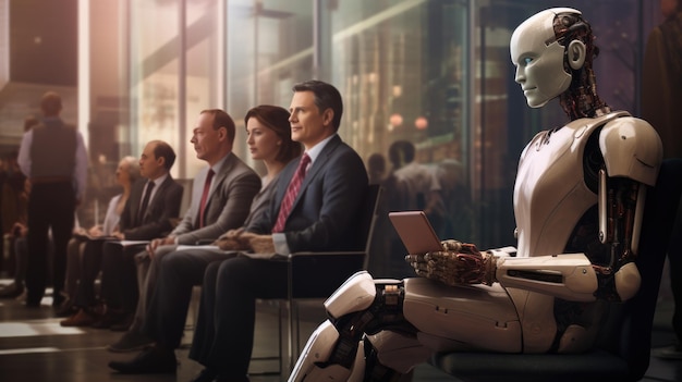 Interview candidates and a humanoid robot sit in line Created with Generative AI technology