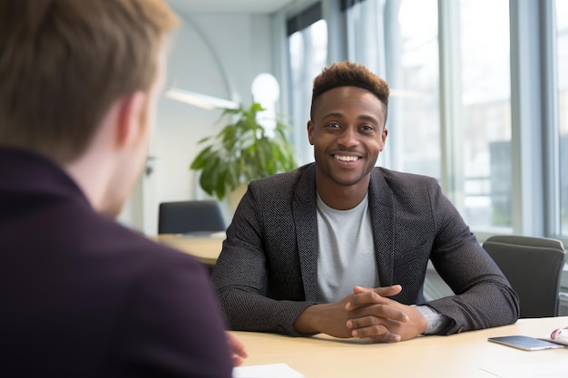 An interview scenario in an IT office setting the interviewer is a young man in his 30s