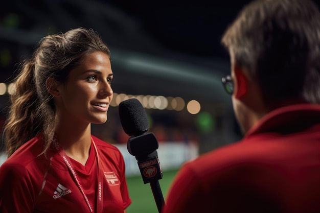 Interview time women soccer player postmatch interview microphone visible panasonic lumix s1 7