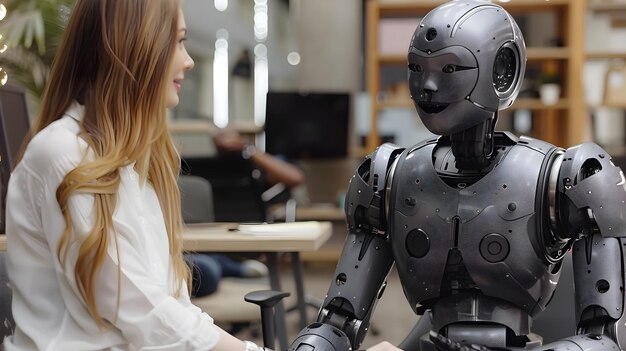 Photo interview with a futuristic robot in a modern office