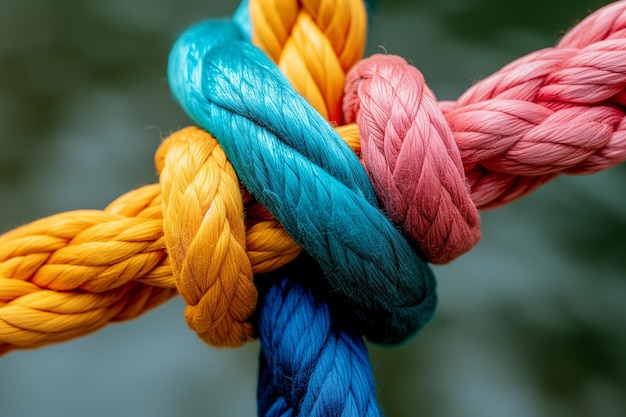 Foto corde colorate intrecciate su uno sfondo doppio concetto di lavoro di squadra