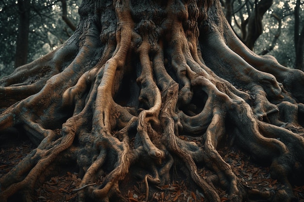 Interwoven roots and branches form ancient beauty in natures tapestry