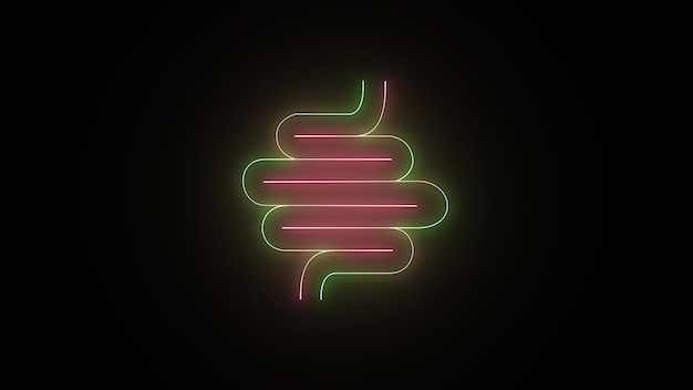 写真 ネオンの標識 医学 人間の健康 身体の内臓 腸のアイコン 消化管 腸のシンプルな線 黒い背景のシンボル