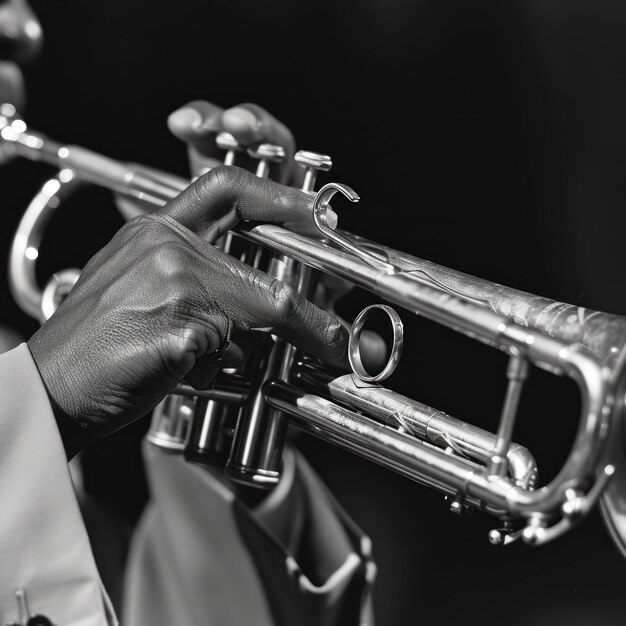 Intiem close-up van de handen en mond van een muzikant die op de trompet speelt