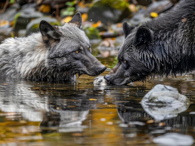 Intiem moment van twee grijze wolven die elkaar weerspiegelen in een serene waterstroom omringd door de natuur