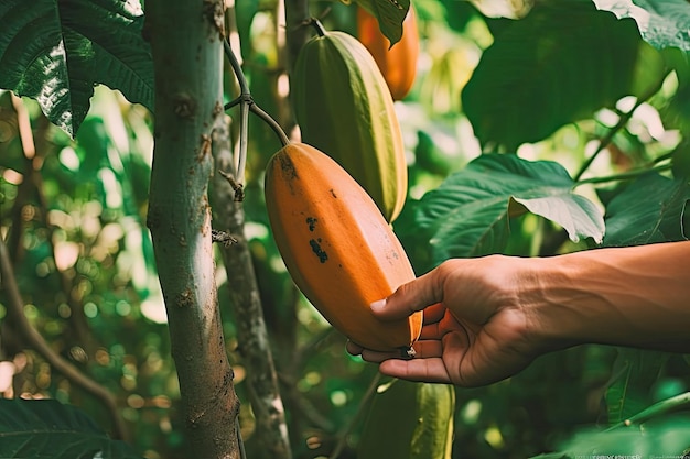 Intiem schot van mannen39s handen plukken rijpe papaya vruchten met zorg