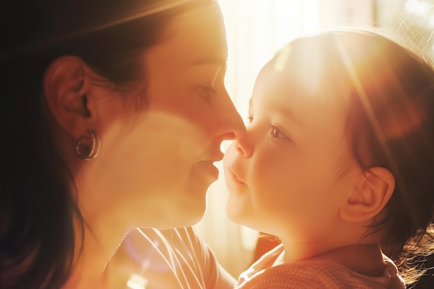 Photo intimacy between a mother and her baby daughter with the warm light of the cozy home