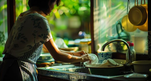 Photo the intimacy of washing dishes for someone care service love