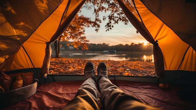 Intimate camping moments closeup of man's tentcovered legs