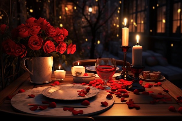 赤いバラを添えた2人のための親密なキャンドルライトディナー 00479 00
