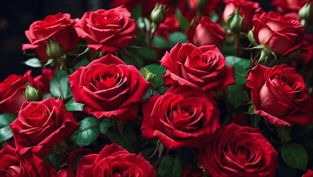 Intimate closeup of vibrant red roses on a dark background eliciting love and romance