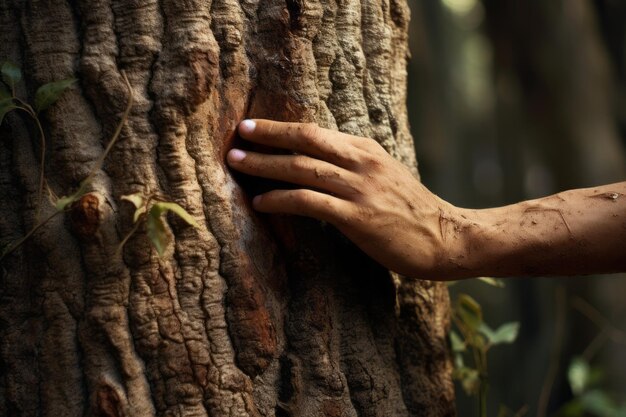 親密なつながり 木の幹を手で食べている人のクローズアップ