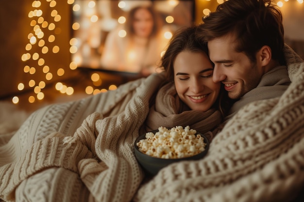 Foto una coppia intima che condivide una serata di cinema accogliente