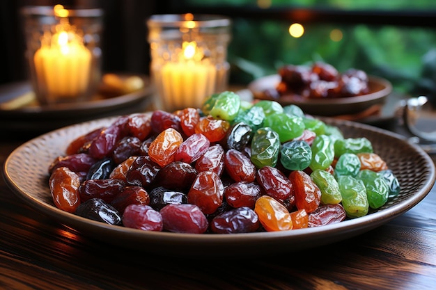Foto scena di cena intima con date visualizzate su piatti verdi e rossi ramadan e eid wallpaper