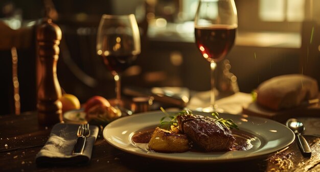 温かい夕食の囲気で 甘い焼き肉と赤ワインが 柔らかい照明の環境で 暖かさと料理の喜びを呼び起こします