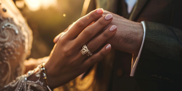 Intimate image of male holding females hand with expensive engagement ring before asking for marriage Lavish wedding bands