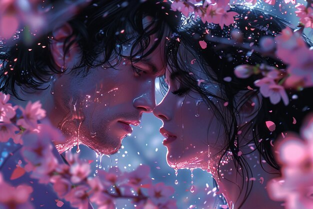 Photo intimate moment under cherry blossoms illustrated in a soft