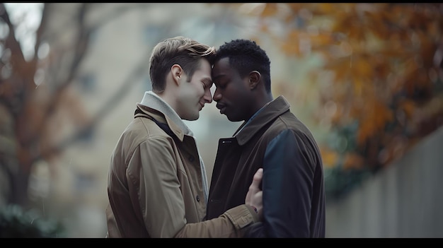 Intimate moment between two men embracing outdoor setting relationship concept cinematic AI