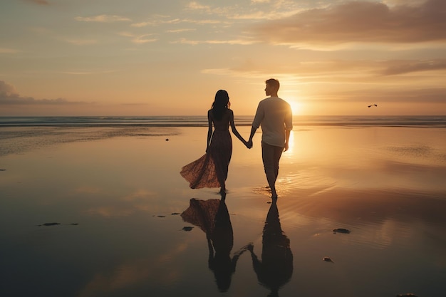 Intimate Moments Young Couple's Sunset Stroll on Bali's Golden Sands