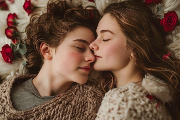 Intimate Portrait of Affectionate Female Couple Embracing on Bed with Red Roses Background Tender