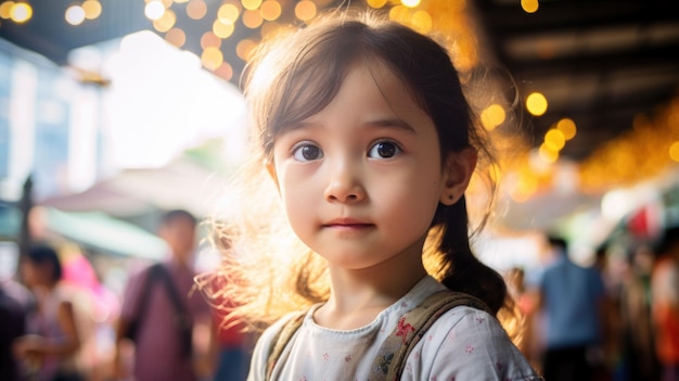 Фото Интимный портрет азиатской девочки, подчеркивающий невинность и любопытство в ее глазах, сфотографированный во время оживленной уличной рыночной сцены в бангкоке