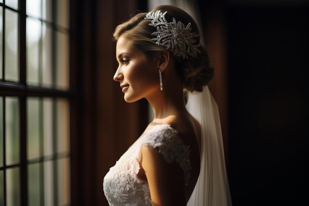 Intimate portrait showcasing the radiant joy of an elegant bride looking out of window