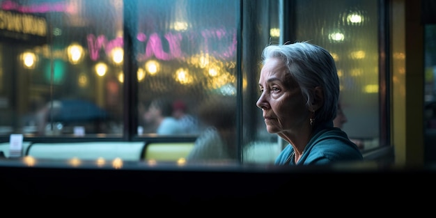 Intimate Portrait of a Worried Woman Peering Through a Bar Window on a Rainy Day