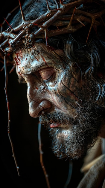 An intimate portrayal of Jesus on the cross with closeup detail on his compassionate face surrounde