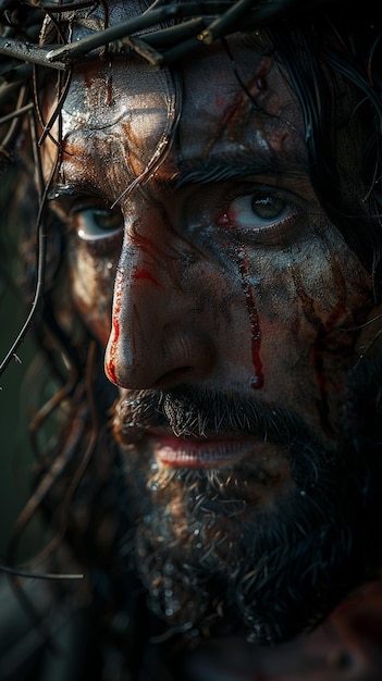 An intimate portrayal of Jesus on the cross with closeup detail on his compassionate face surrounded