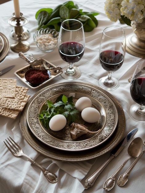 Photo an intimate setting of passover seder with wine glasses matzah and a traditional seder plate on a lace tablecloth