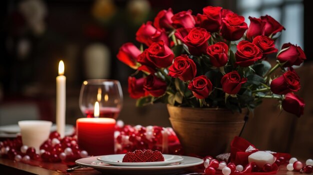 Intimate valentine39s day dinner ambiance with roses and candles